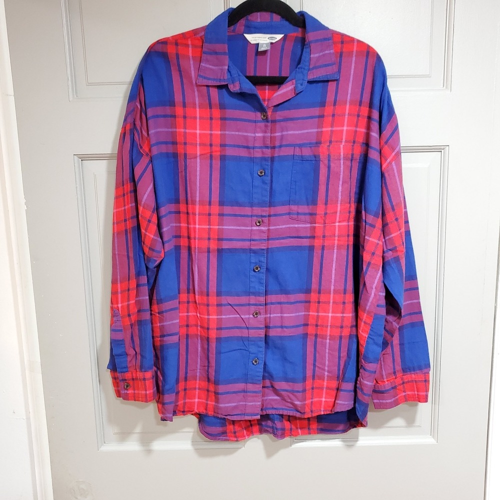 Old Navy Womens Size XL Red Plaid Long Sleeve Boyfriend Shirt Top Button Flannel
